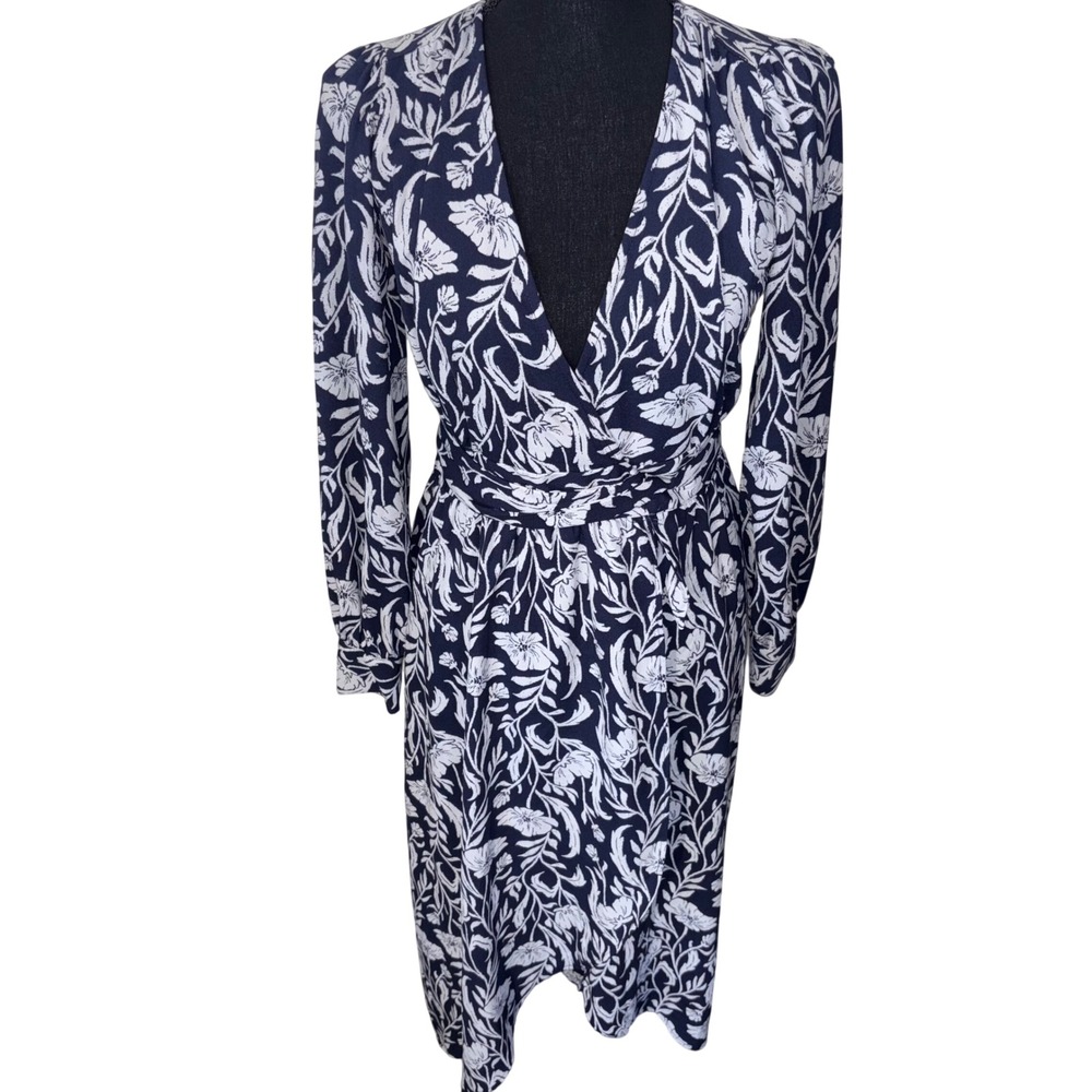 LC Lauren Conrad Women XS Navy Floral Cottagecore Faux Wrap Midi Tie‎ Dress
